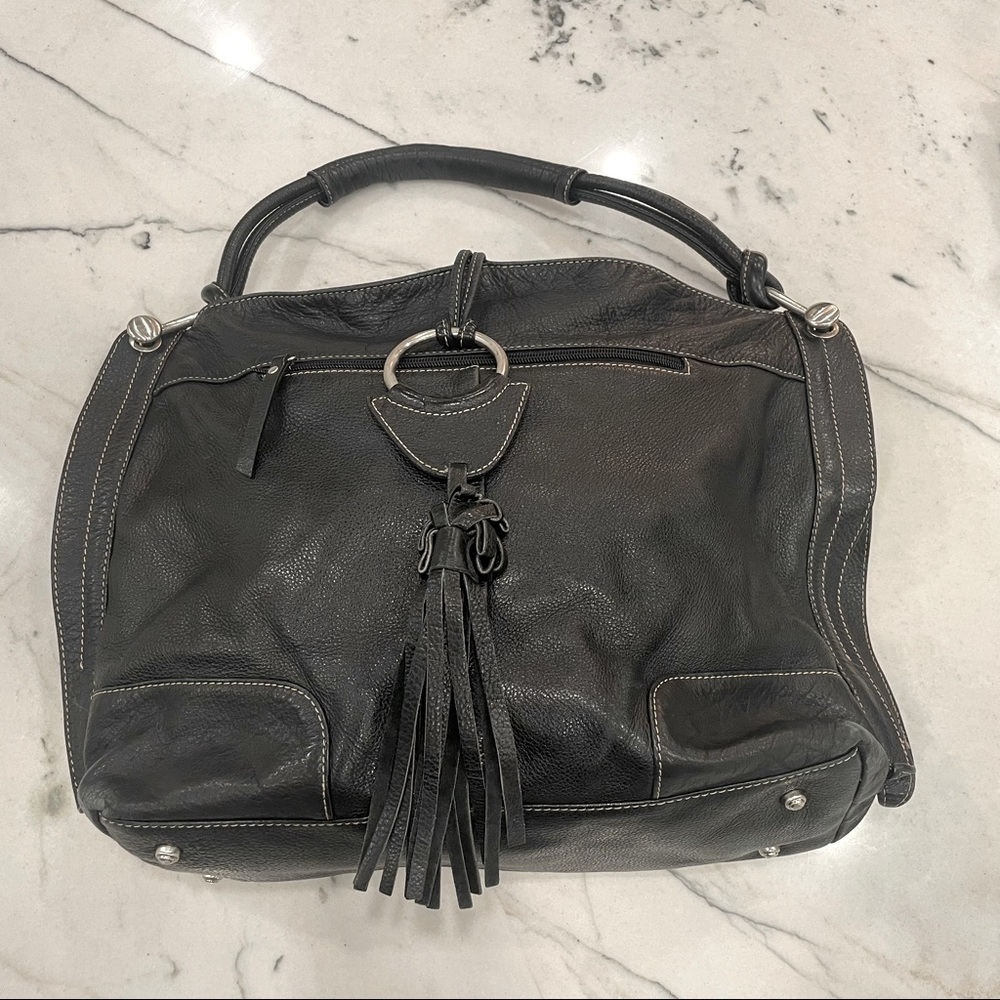 Celsius, Black big bag purse with tassel and silver details.  Genuine leather.